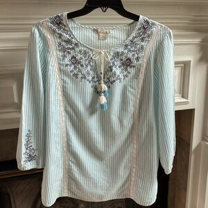 Bob Timberlake light blue-green striped embroidered 3/4 Sleeve Tunic Top